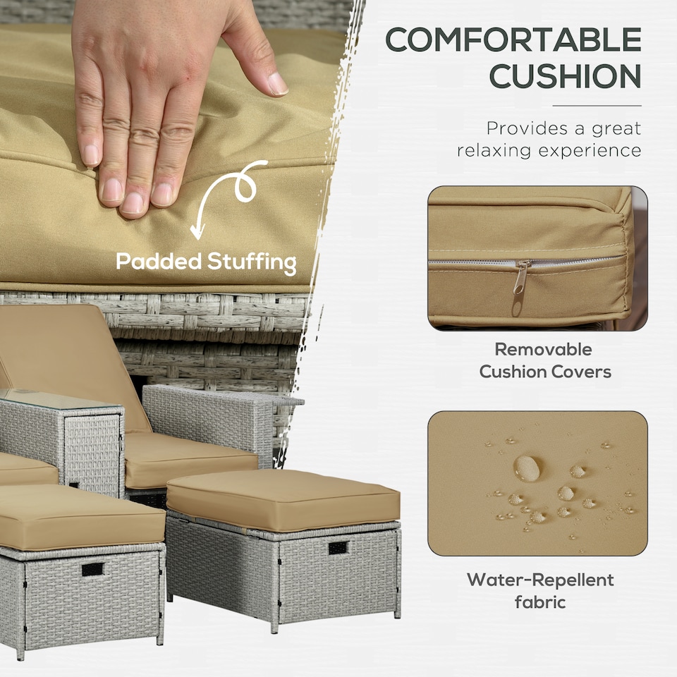 image 1 of Outsunny Recliner Rattan Sun Lounger w/ Storage Tea Table & Footstools, Beige