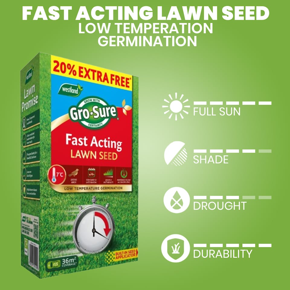 image 1 of Westland Gro-Sure Fast Acting Lawn Seed 30 Square Meter with 20 Percent Extra Free Quick Germination Grass Seed for New Lawns and Patch Repair
