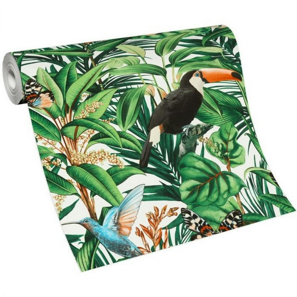 image 1 of Erismann Paradisio 2 Jungle Birds Textured Wallpaper - Green/White - 10m x 53cm Green