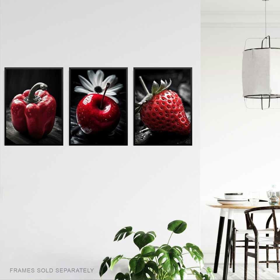 image 1 of Set of 3 Red Apple Pepper Strawberry Black White Photograph Kitchen Wall Art Prints 12x16 Inch