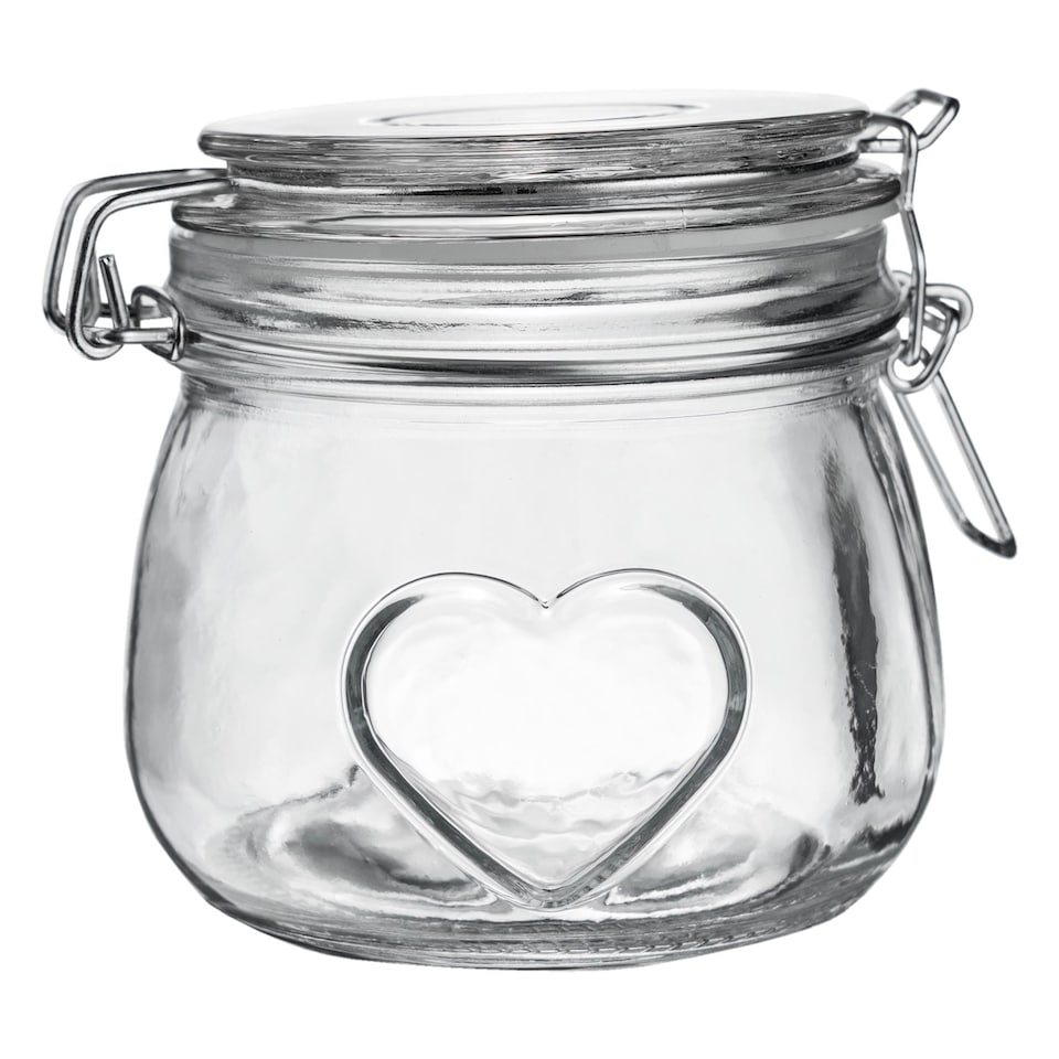 image 1 of Nicola Spring 6x Glass Storage Jars - 500ml Airtight Clip Lid Kitchen Vintage Round Preserving Container Heart Shaped Design