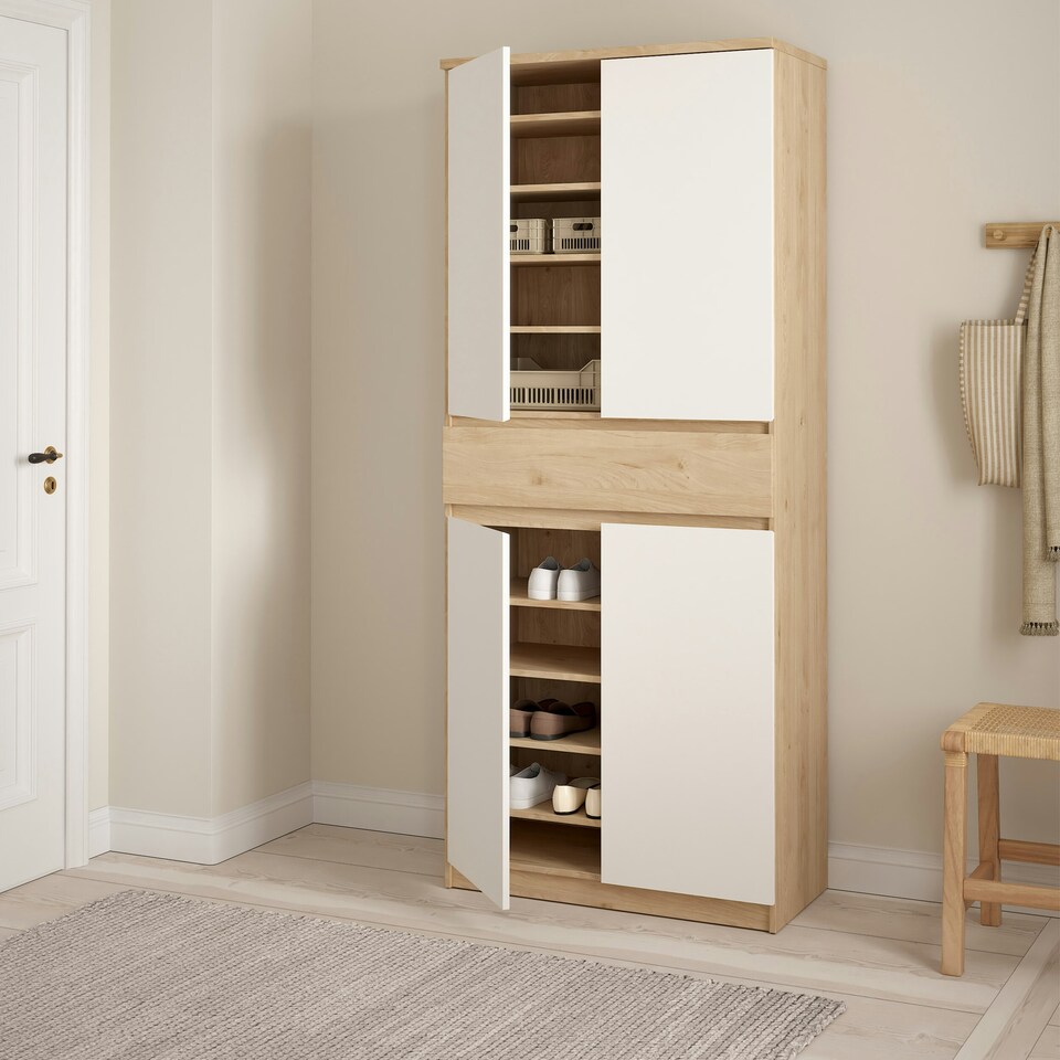 image 1 of Naia Shoe Cabinet with 4 Doors 1 Drawer in Jackson Hickory Oak and White