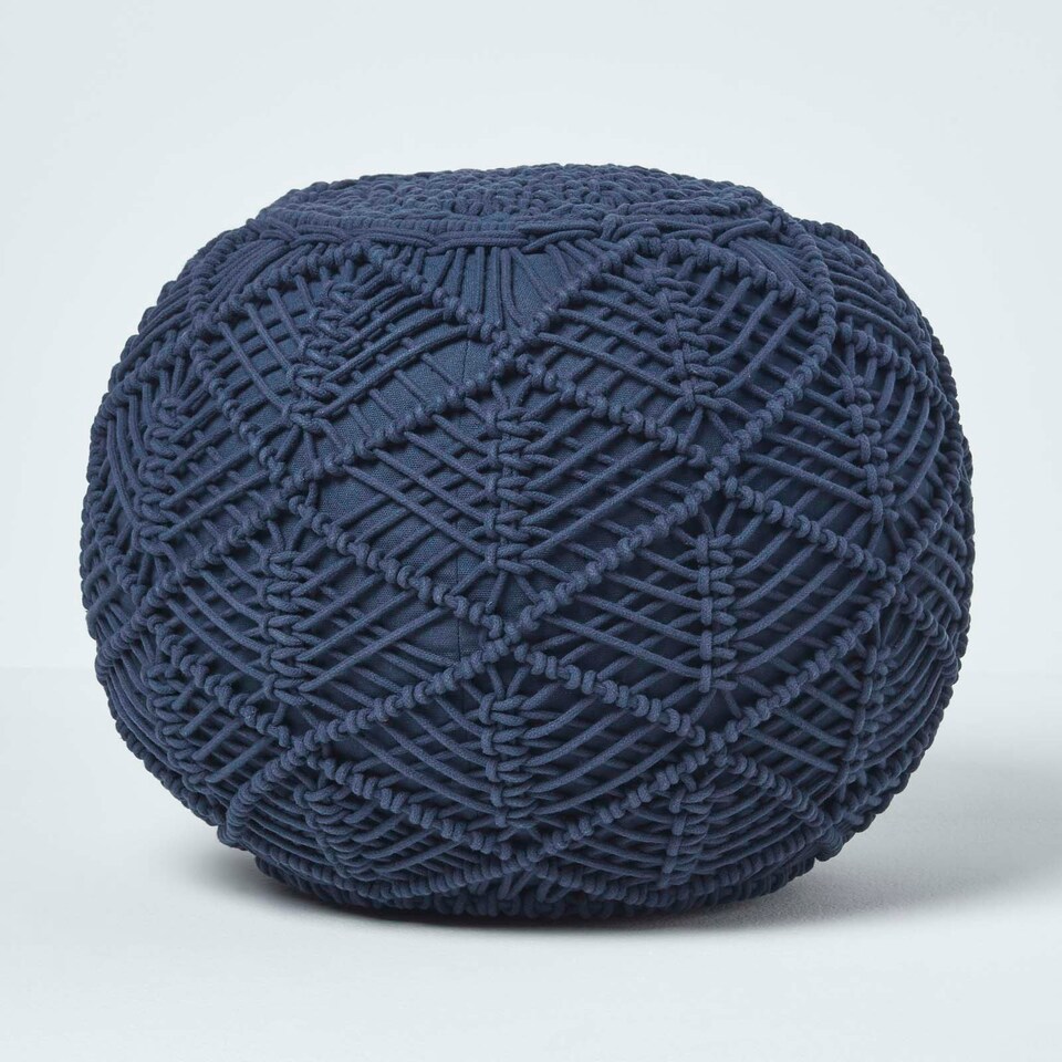 image 1 of Homescapes Navy Macrame Knitted Pouffe - 40 x 50 cm