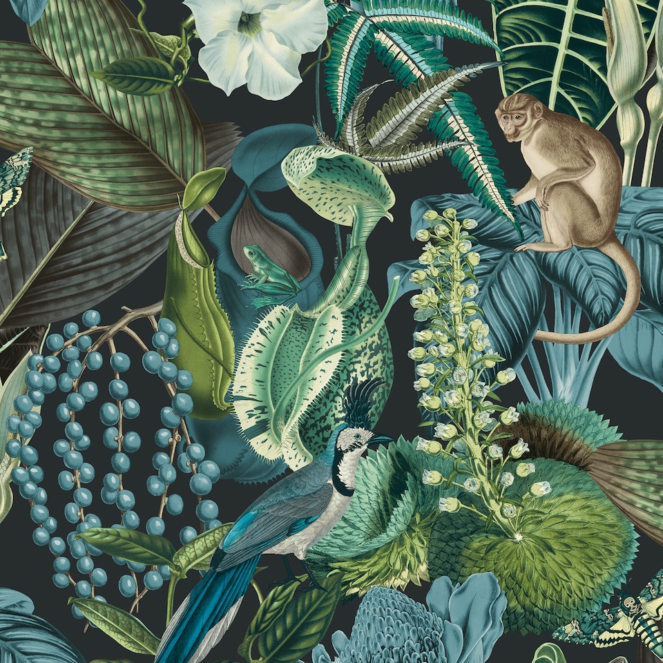 image 1 of Grandeco Botanical Wildlife Jungle Textured Wallpaper, Green Blue Teal | Blue | Blue & Green | 5.32