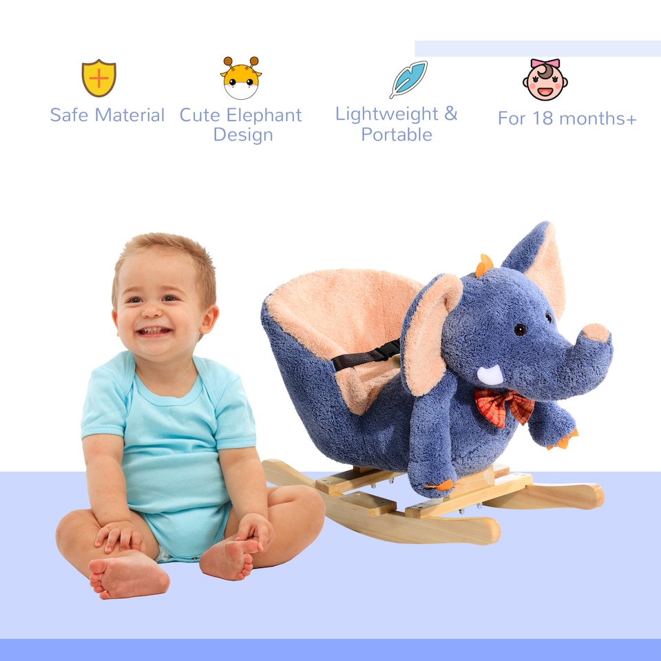 image 1 of HOMCOM Children Kids Rocking Horse Toys Plush Elephant Rocker Seat with Sound Toddler Baby Gift for 1.5 Years Plus Blue