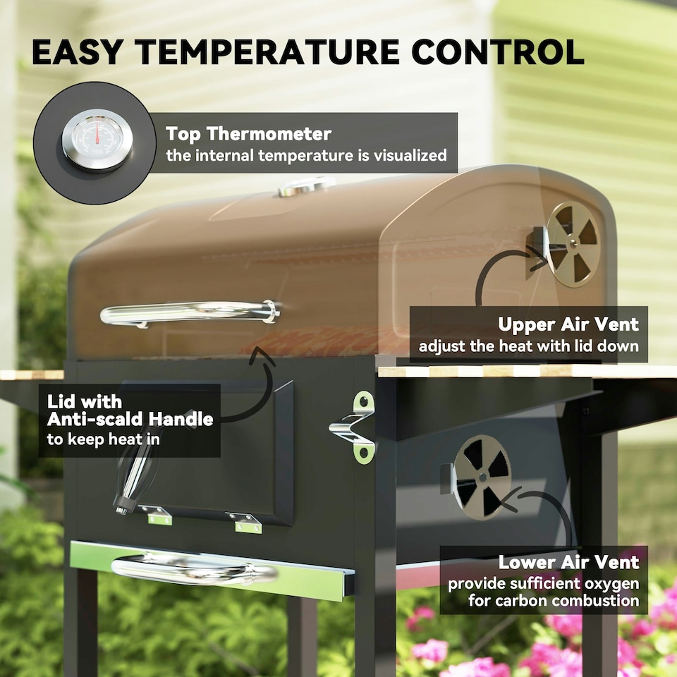 image 1 of Outsunny Charcoal BBQ Grill with Warming Rack 3 Shelves Temperature Gauge