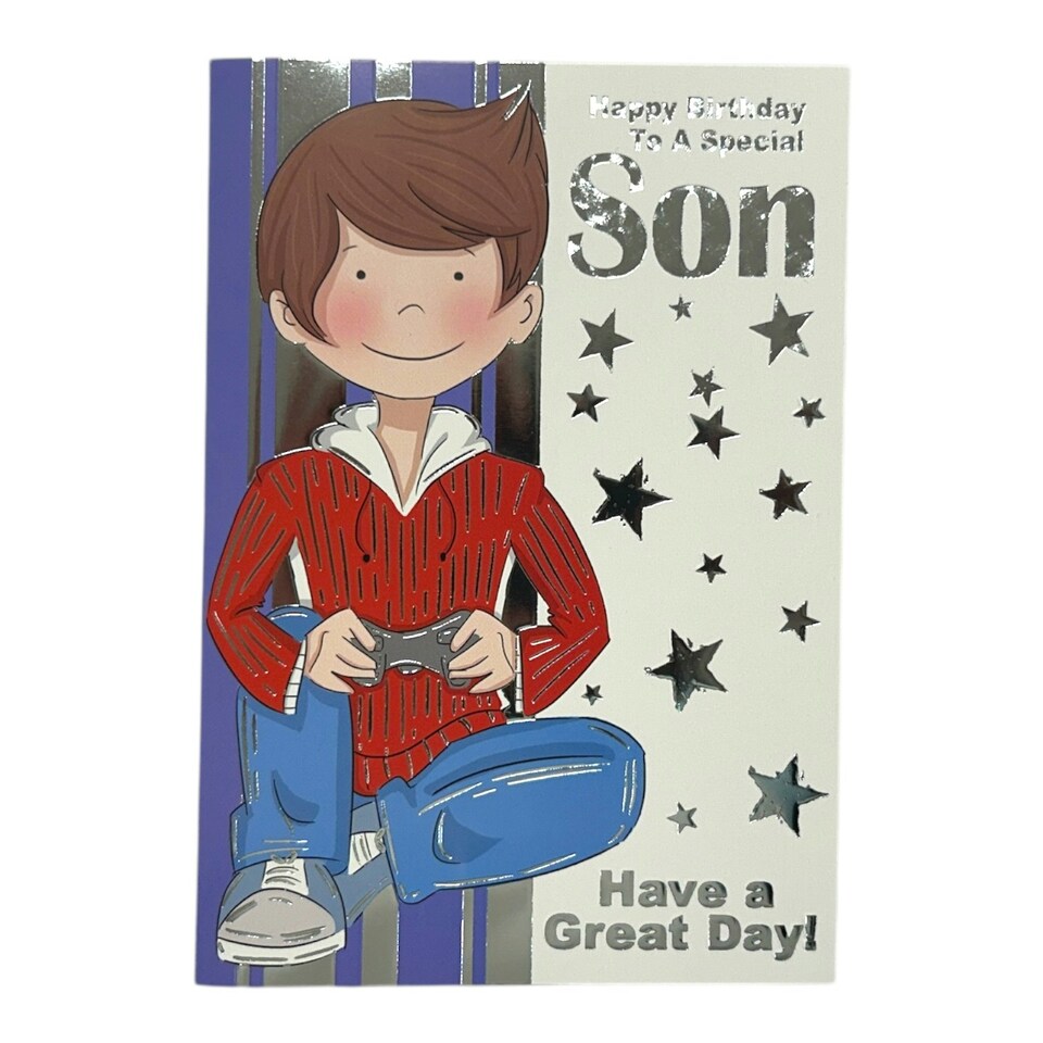 image 1 of To Son Juvenile Boy In Red Shirt Design Birthday Card