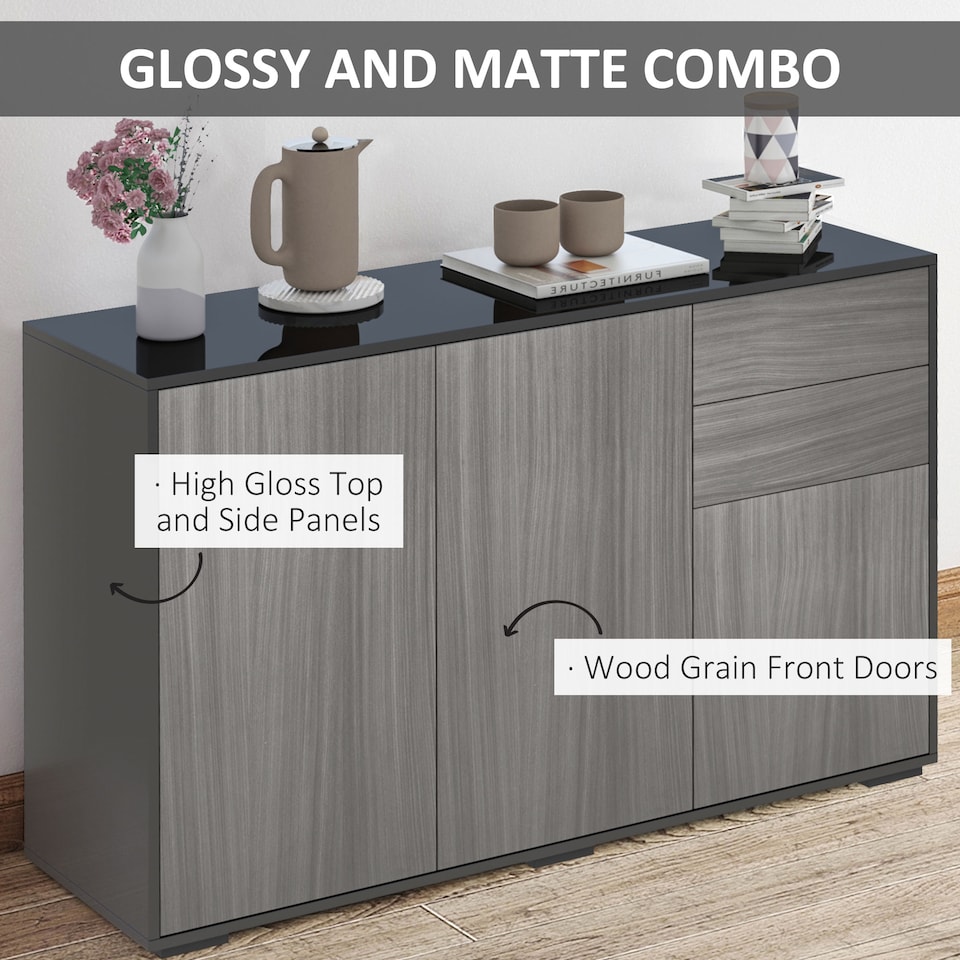 image 1 of HOMCOM High Gloss Frame Sideboard, Side Cabinet, Push-Open Design with 2 Drawer for Living Room, Bedroom, Light Grey and Black | Grey | Grey