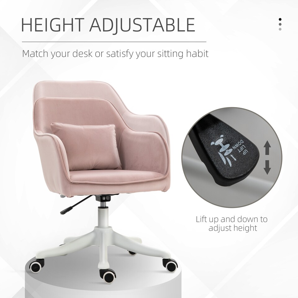 image 1 of Vinsetto Velvet Office Chair, Desk Chair, Makeup Vanity Chair with Massage Lumbar Pillow and Rolling Wheels for Bedroom and Home, Pink
