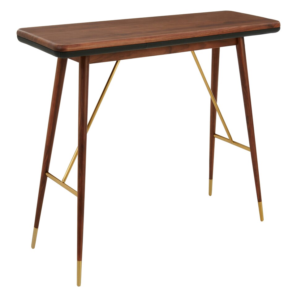 image 1 of Interiors by Premier Walnut Wood Console Table with Leather Trim, Modern Retro Entryway Table with Brass Accents, Console Table Gold