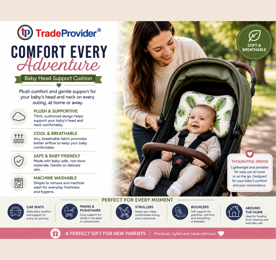 image 1 of TradeProvider® Baby Head Support Cushion for Pram, Pushchair, Stroller, Infant Support Pad, Newborn Travel Headrest (Starlight Grey Collection)