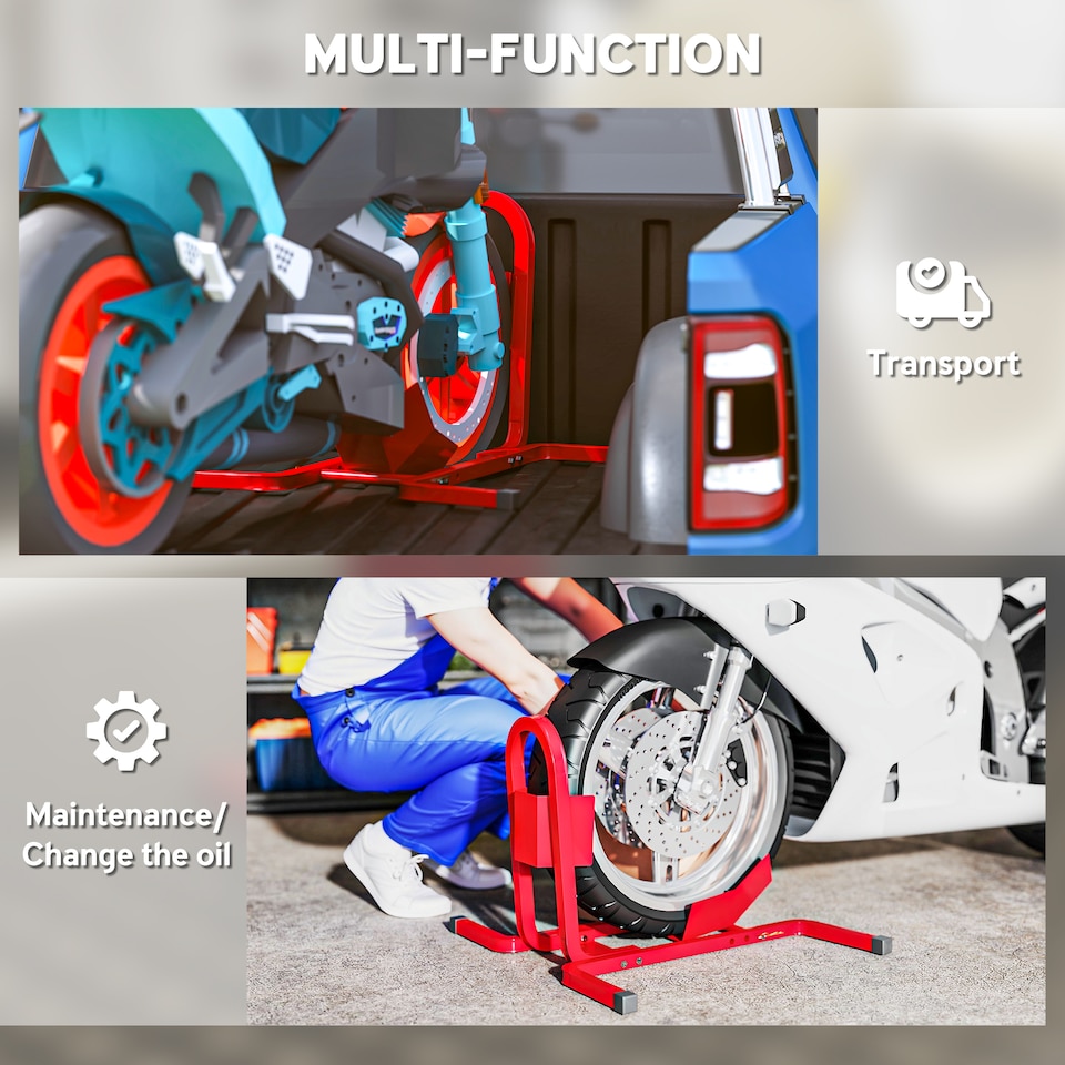 image 1 of HOMCOM Adjustable Motorcycle Wheel Chock Motorbike Holder with Metal Frame | Red | Red | 60cmx55cmx43cm