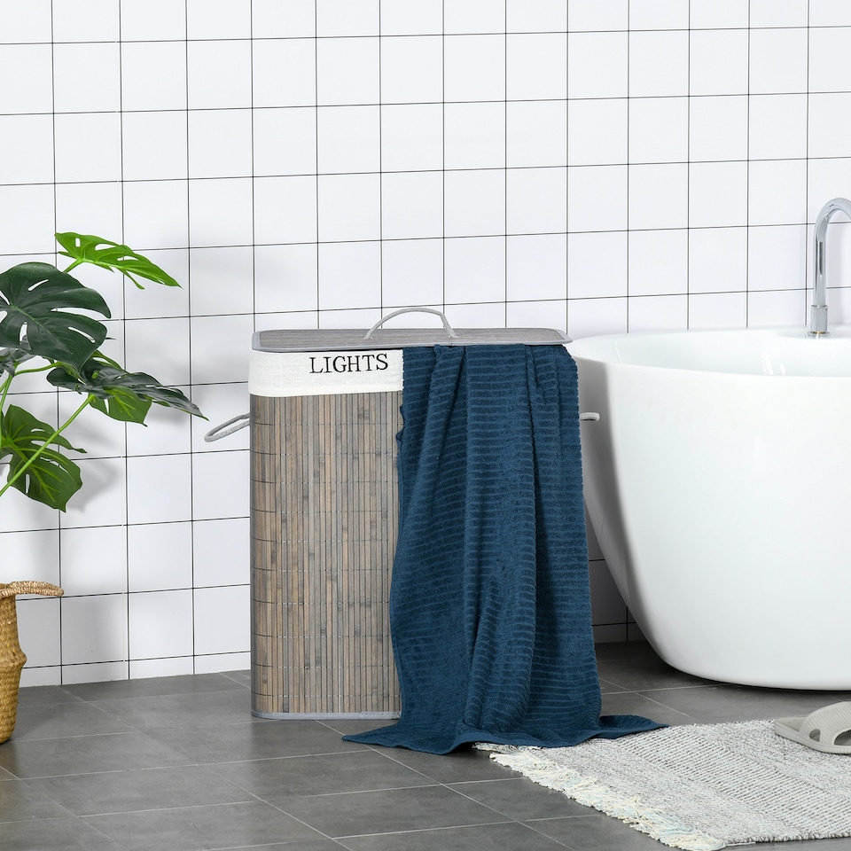 image 1 of HOMCOM 100L Laundry Basket with Lid String Handles, 2 Section Collapsible Hamper Removable Lining Foldable Water-Resistant Dirty Clothes Storage, Grey