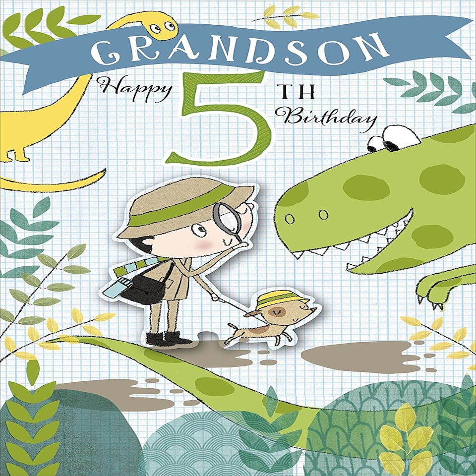 image 1 of Cute Explorer and Dinosaur Design Grandson 5th Birthday Card