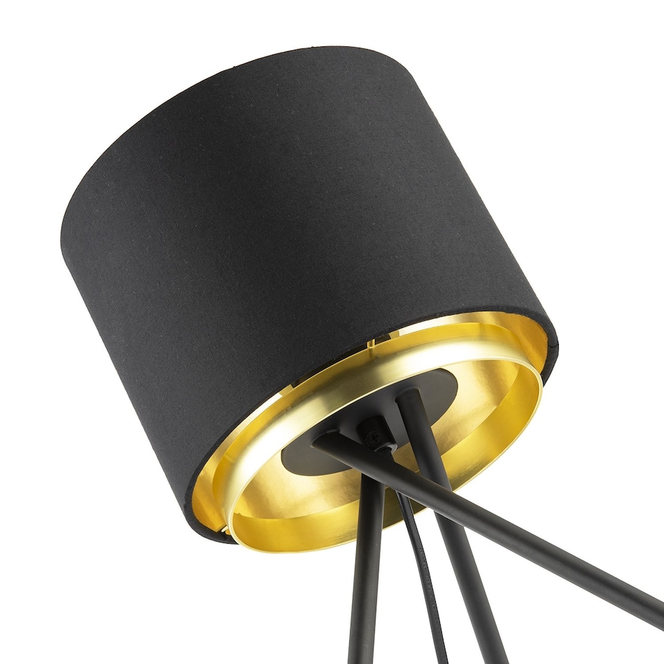 image 1 of Black Tripod Table Lamp with Gold Metal Ring and Cotton Drum Shade