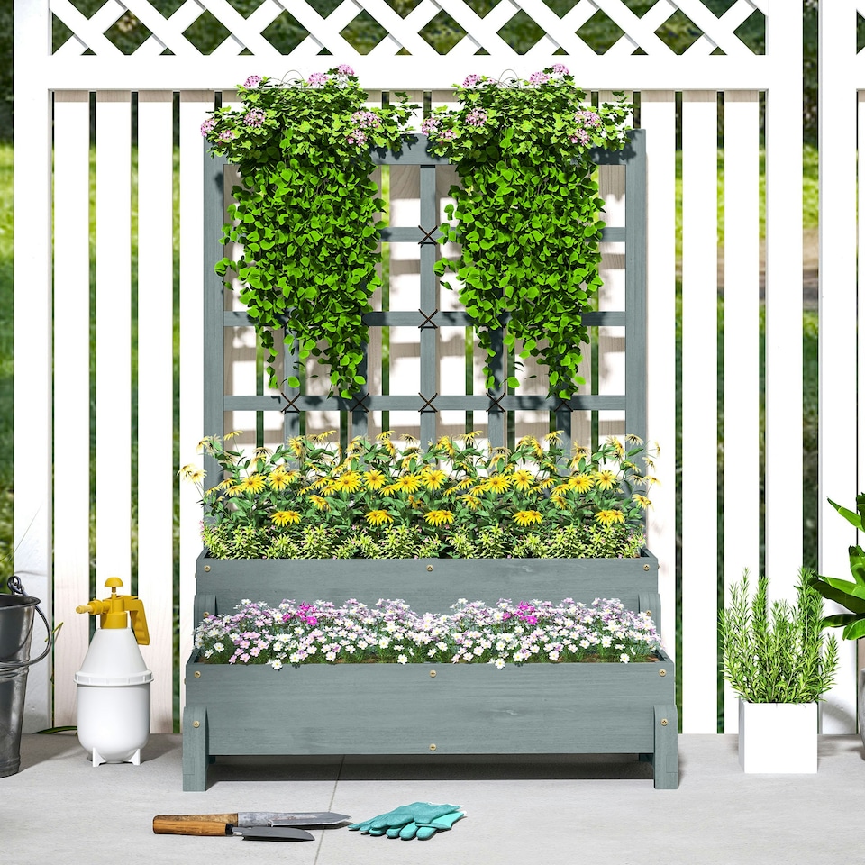 image 1 of Outsunny 2-Tier Wooden Raised Bed with Trellis and Drainage Holes, Brown 