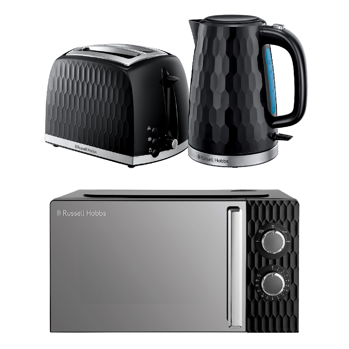 Russell Hobbs Honeycomb Bundle Set with Kettle, 2 Slice Toaster, and Microwave Black HCBNDL2B