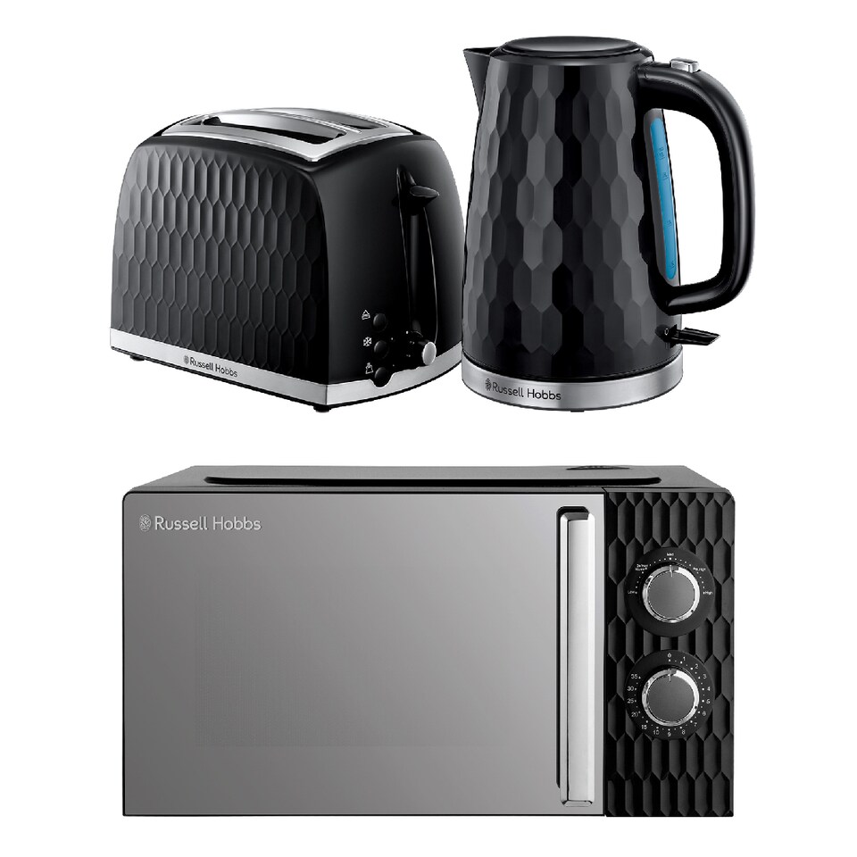 image 1 of Russell Hobbs Honeycomb Bundle Set with Kettle, 2 Slice Toaster, and Microwave Black HCBNDL2B