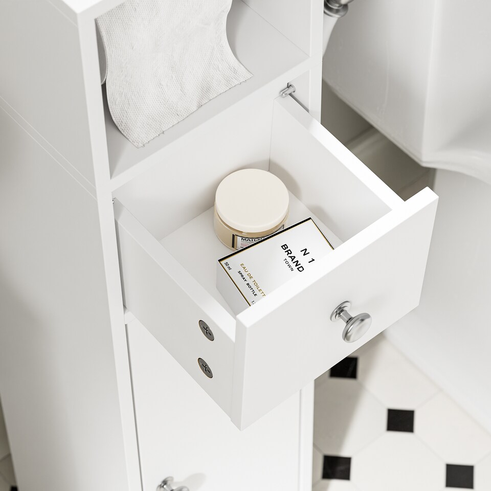 image 1 of SoBuy White Toilet Paper Storage Cabinet with Drawer and Adjustable Shelf, 7.8x7.8x33.4 in, 5.9 kg - BZR219-W
