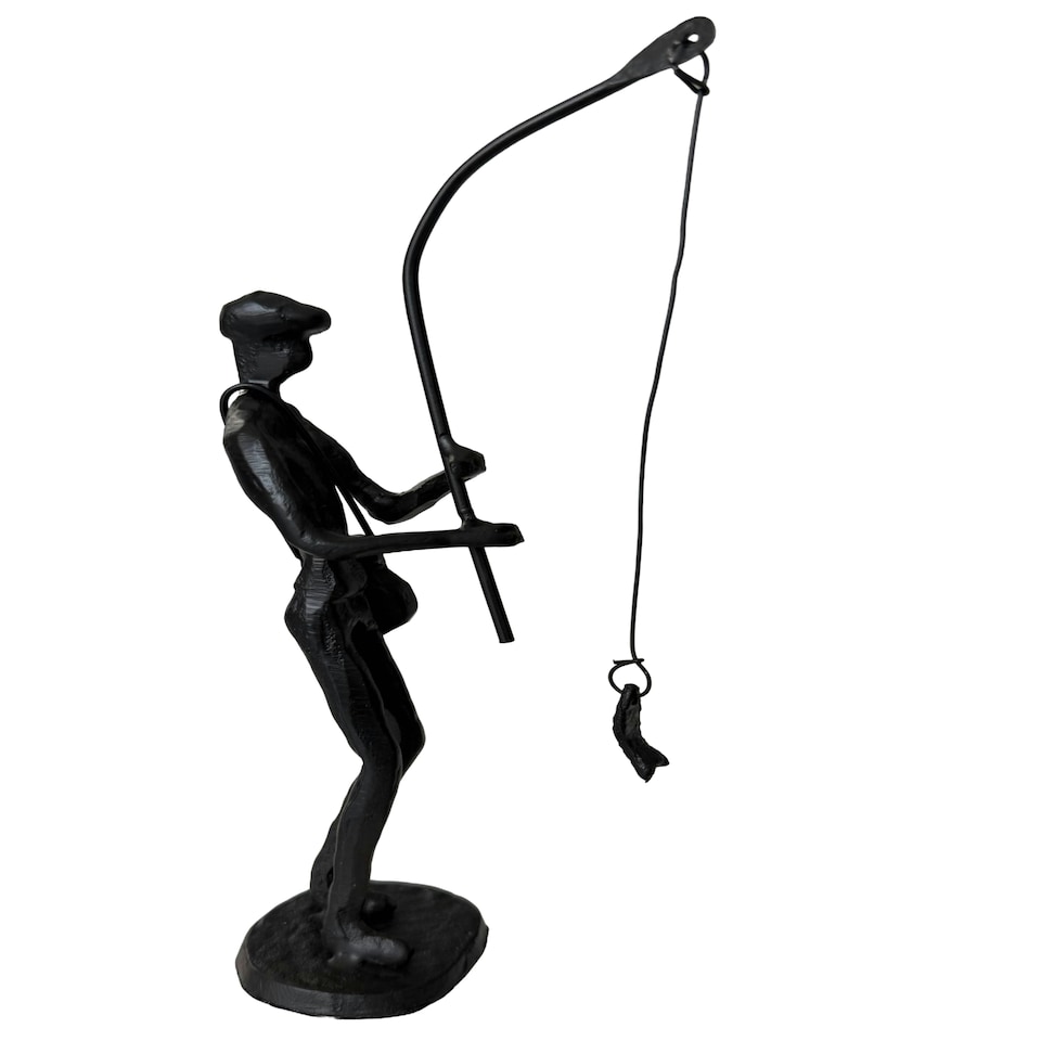 image 1 of Metal Sculpture off a Man with a Fishing Rod Reeling in his Catch Rustic Figurine Hobby Gift Sweet Memories Grandfather Father Son Vintage Decor Gift Present
