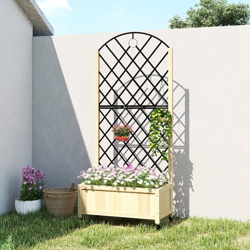 image 1 of Outsunny Garden Bed w/Metal Trellis, Wooden Elevated Planter Box, Natural | Brown | Natural wood | 72W x 36D x 168H cm