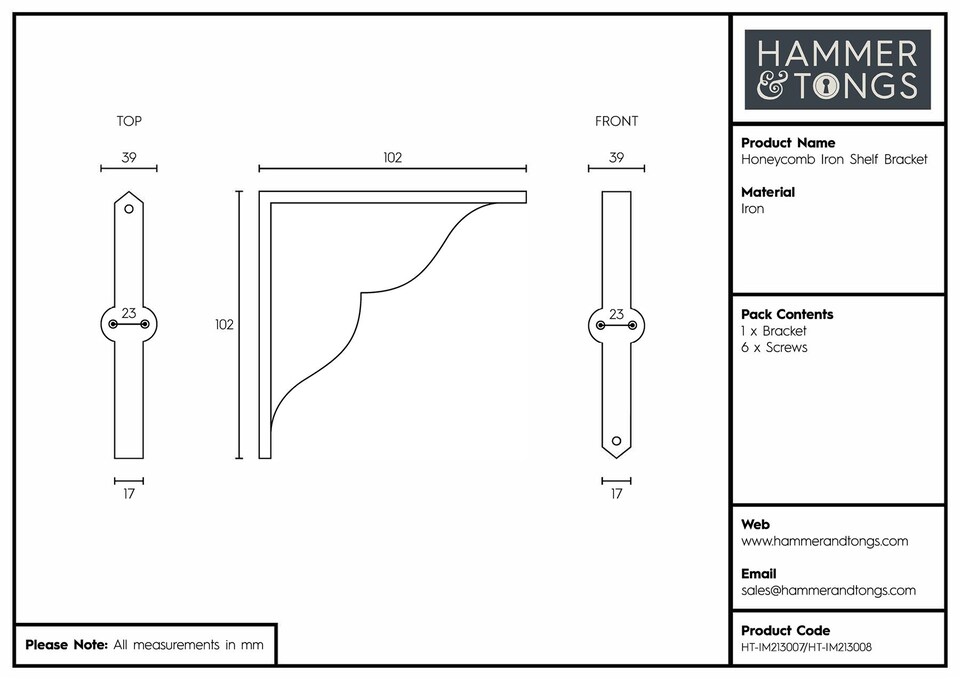 image 1 of Hammer & Tongs Honeycomb Iron Shelf Bracket - D100mm - Raw