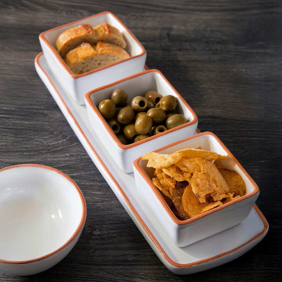image 1 of Interiors By Premier Natural Terracotta Finish 3-Pc White Dip Bowls with Tray, Ceramic Dip Bowls & Tray Set, Dip Serving Dishes White