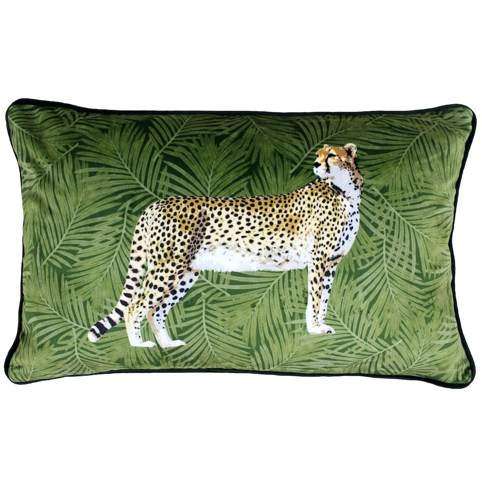 Paoletti Cheetah Forest Velvet Cushion, Green, 30 x 50cm