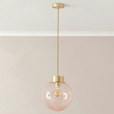 ValueLights Frenchie Pink Glass Globe Brushed Gold Capped Ceiling Pendant Light with Bulb Gold