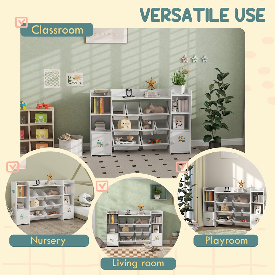 image 1 of AIYAPLAY Kids Bookshelf and Toy Storage Organiser with 8 Removable Storage Bins, Toy Organisers with Bookshelf for Playroom, Nursery, Kids Room, White