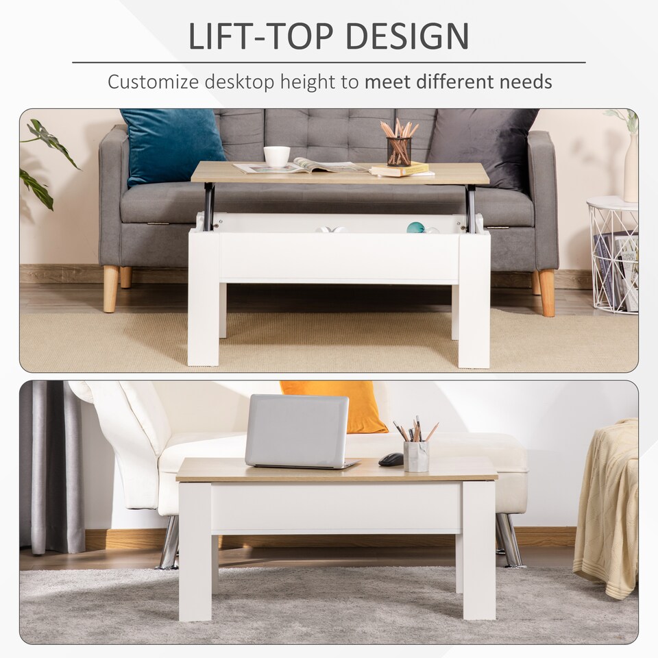 image 1 of HOMCOM Lift Top Coffee Table with Hidden Storage Compartment, Lift Tabletop Pop-Up Center Table for Living Room | White
