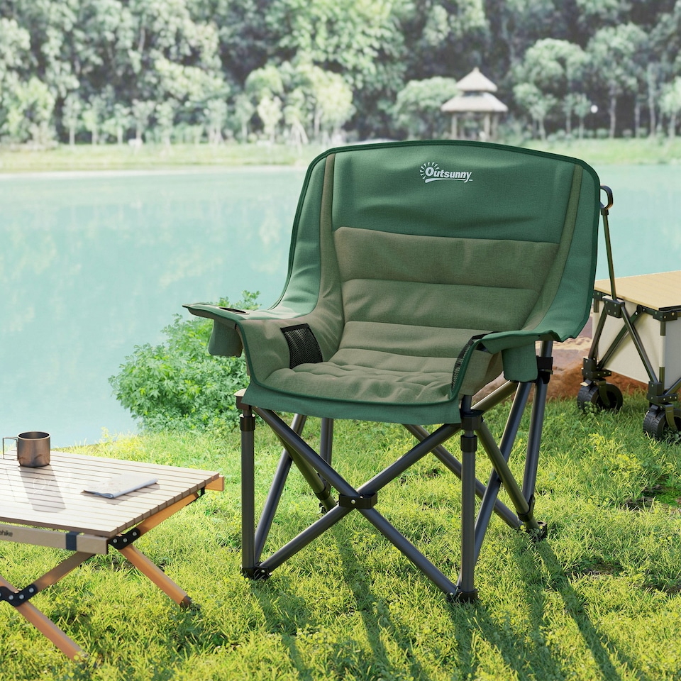 image 1 of Outsunny Camping Chair for Adults, Padded Folding Chair, Olive Green