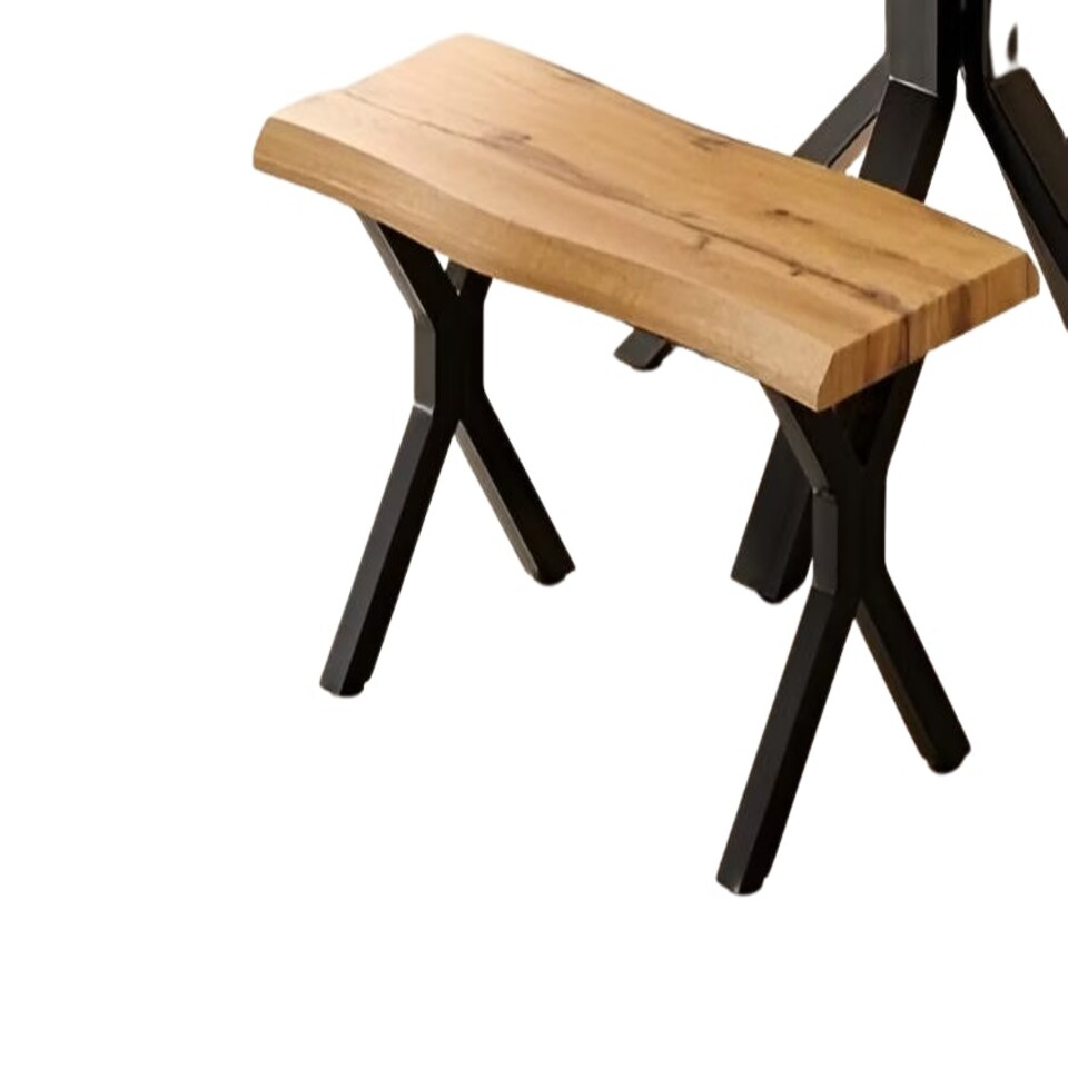image 1 of Durable Wooden Bench with X-Shaped Iron Legs, Curved Edge for Dining, Work, or Study Brown