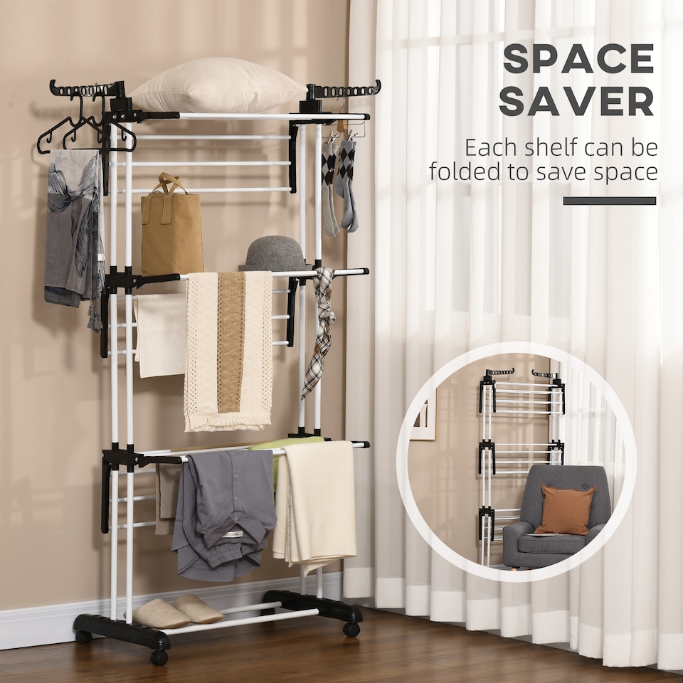 image 1 of HOMCOM 4-Tier Clothes Airer, Foldable Clothes Drying Rack with Wheels and Wings, Steel Garment Laundry Rack for Indoor and Outdoor Use, Black