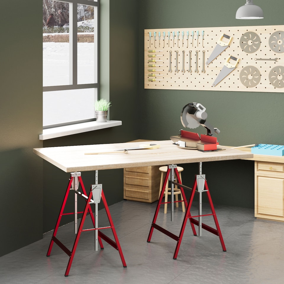 image 1 of HOMCOM Set Of 2 Steel Saw Horses Telescopic Builders Work Bench Folding Red