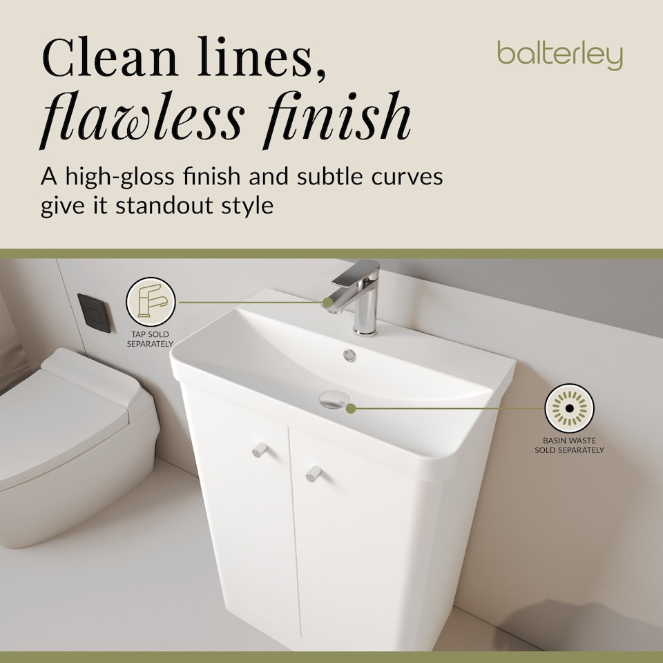 image 1 of Modern Bathroom Floor Standing 2 Door Vanity Unit Basin, White, 605mm | White | Gloss White | 355 x 605 x 864mm