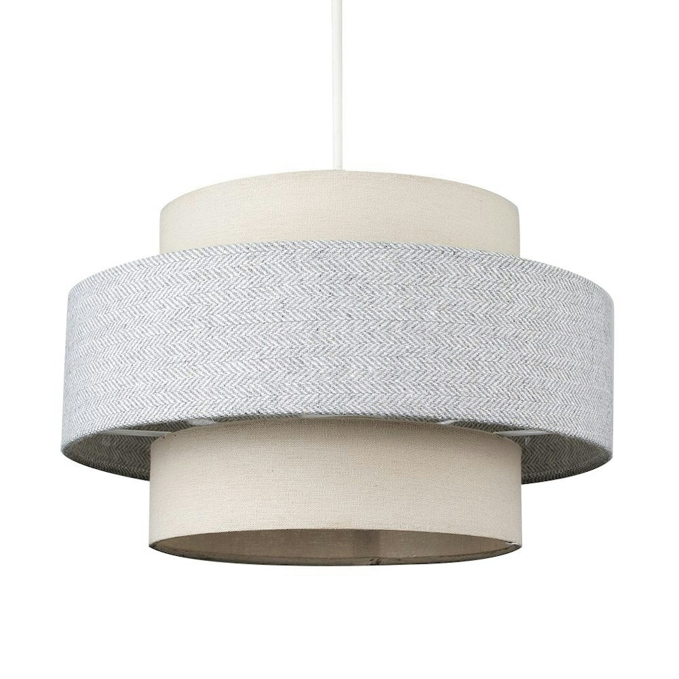 image 1 of ValueLights Cylinder Ceiling Pendant Light Shade in a Cream & Grey Herringbone Finish - Complete with a 10w LED GLS Bulb 3000K Warm White