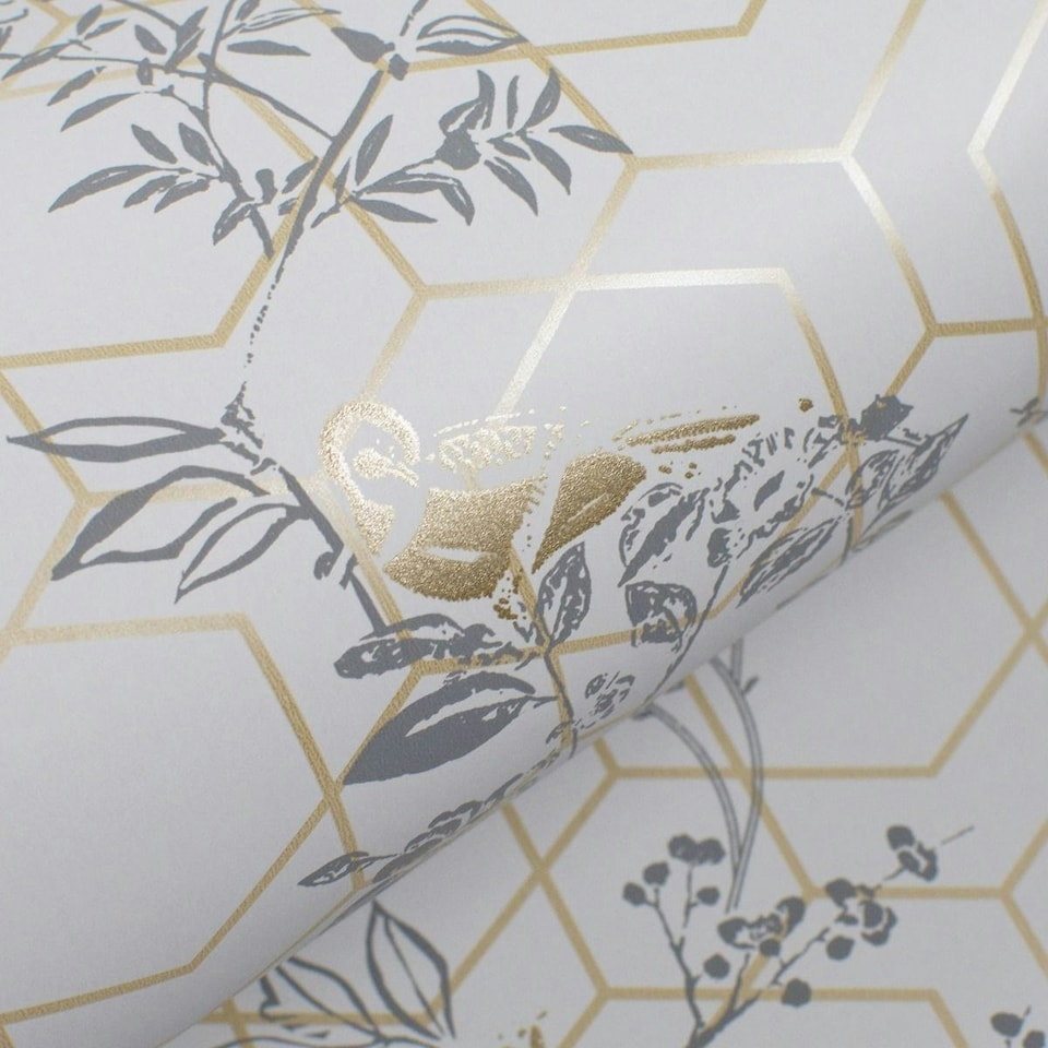 image 1 of Himara Lipsy Geometric Wallpaper - Grey/Gold - 10m x 53cm Grey