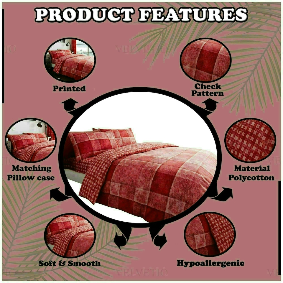 image 1 of VELVETIO Denim Check Printed Duvet Cover Set Reversible Polycotton Beddings Red | King