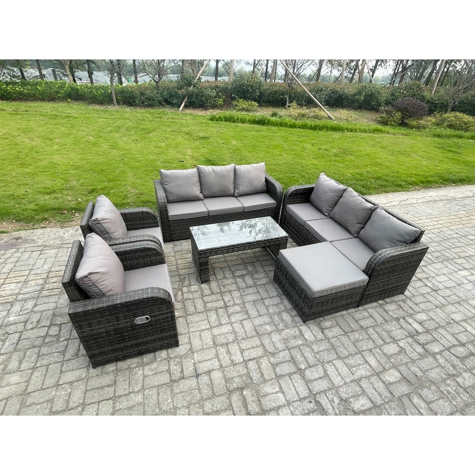 image 1 of Fimous 9 Seater High Back Rattan Garden Furniture Set with Reclining Chair Rectangular Coffee Table Big Footstool Indoor Outdoor Patio Lounge Sofa Set Dark Grey Mixed