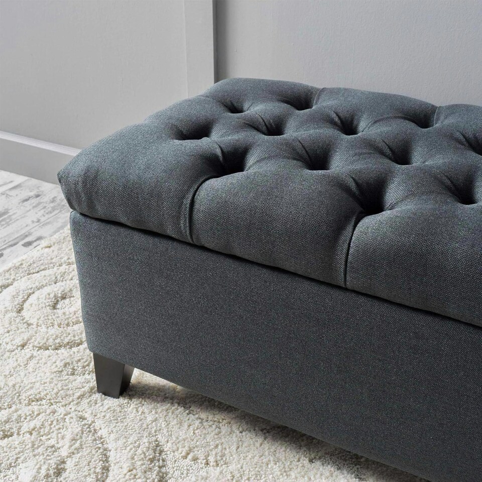 image 1 of Dark Grey Fabric Tufted Ottoman Storage Bench Grey