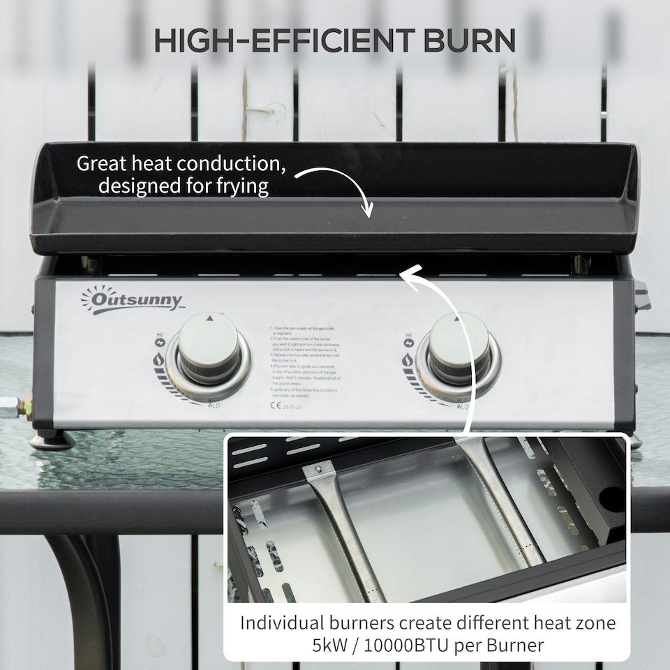 image 1 of Outsunny Portable Gas Plancha BBQ Grill with 2 Stainless Steel Burner, 6kW