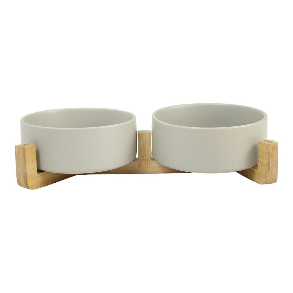 Living and Home Double Ceramic Cat Bowl with Bamboo Stand ,Grey