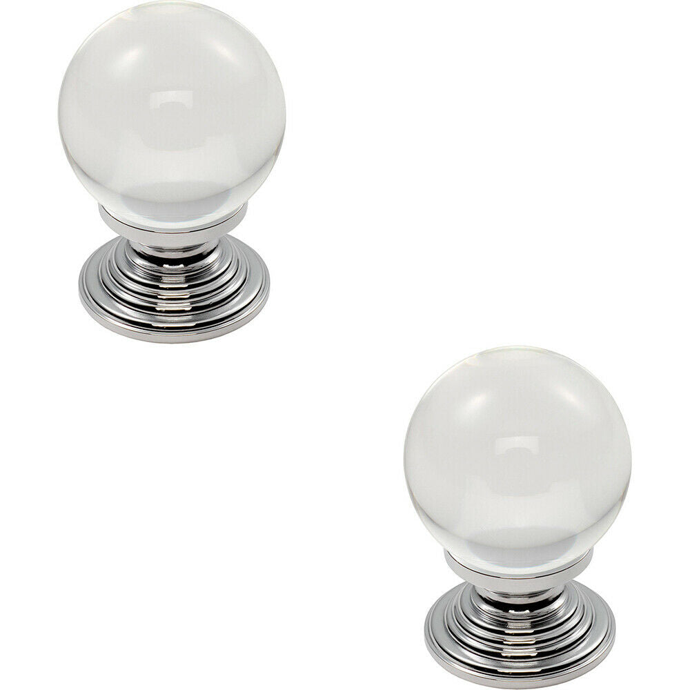 Loops 2x Crystal Ball Cupboard Door Knob 30mm Diameter Clear Translucent & Chrome