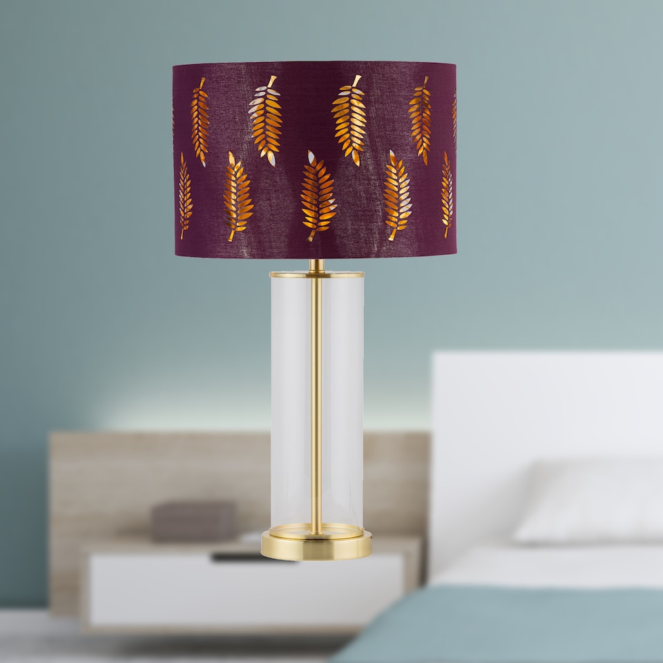 image 1 of Aura - Satin Brass Table Lamp with Burgundy Fern Cut Out Shade
