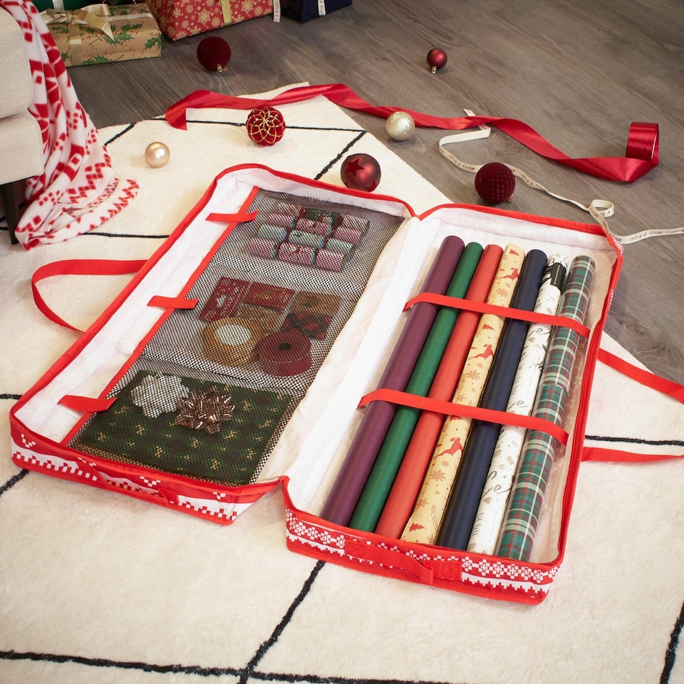 image 1 of OHS Christmas 1 x Wrapping Paper Storage Organiser Nordic Xmas Gift Wrap Bag | Red