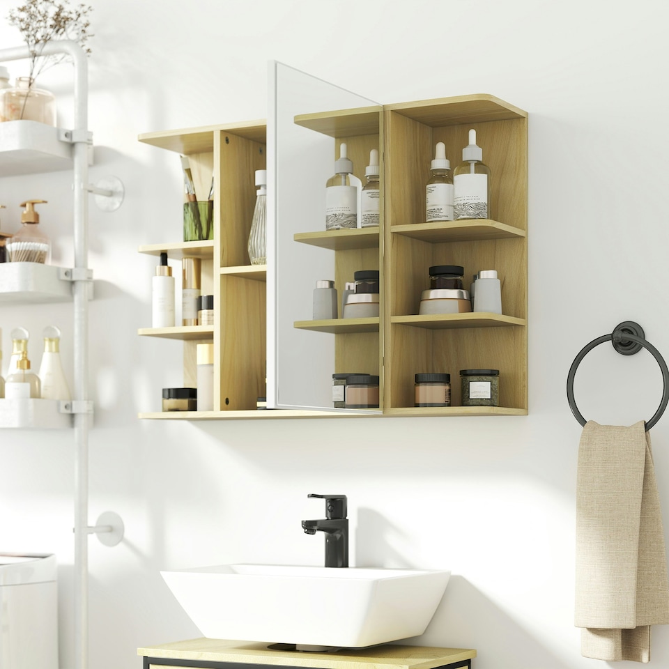 image 1 of HOMCOM Bathroom Wall Cabinet with Mirror and Open Storage Shelves Natural | Brown