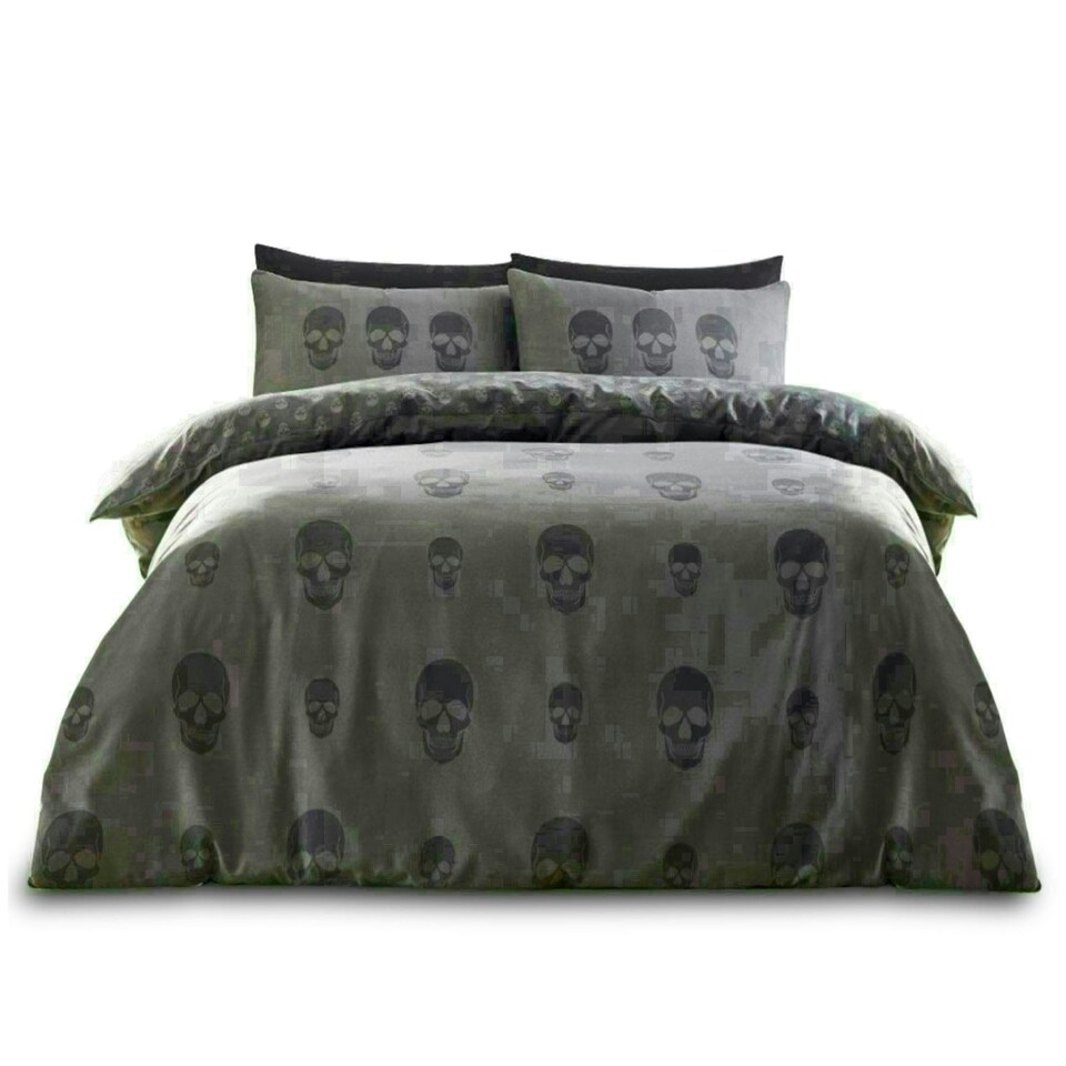 image 1 of Skull Charcoal Printed Duvet Cover Set Reversible Polycotton Beddings Grey | Double