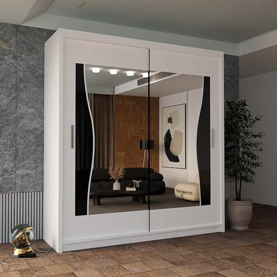 image 1 of Modern Sliding Wardrobe 120cm with Wavy Mirror Design | White, Black, Grey, Oak Finish White | White120cm 