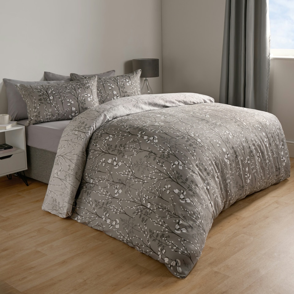 image 1 of OHS Willow Print Reversible Duvet Quilt Cover and Pillowcase Set, Single - Grey